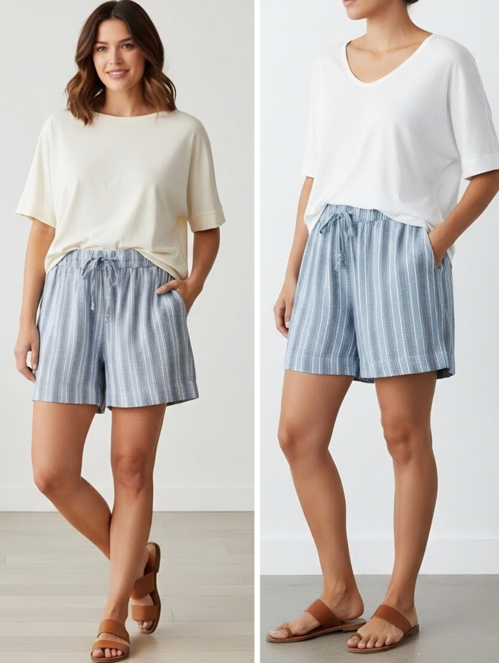 New! Linen Blend Blue Stripes High Waist Pull On Summer Shorts Plus Size 3X
